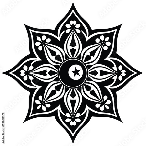 Ornamental eight pointed star with crescent and star in islamic style