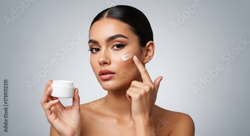 Beautiful woman applying face cream for skincare routine in a beauty studio with soft lighting and a clean background for cosmetic advertising use