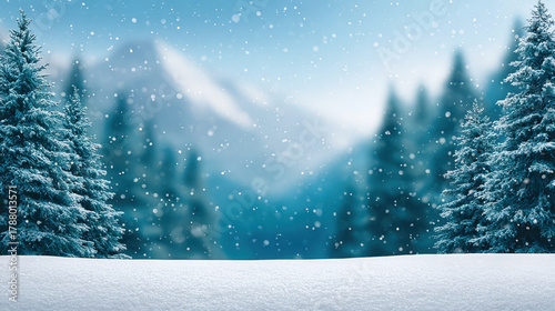 Snowfall winter forest with pine tree covered snow and mountain background for Christmas banner design