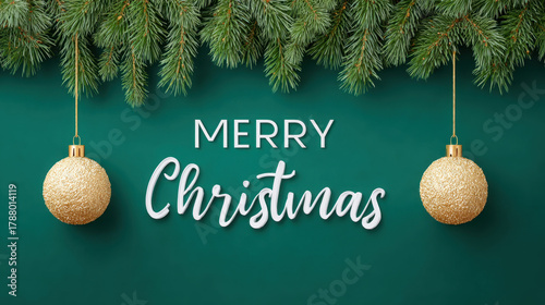 Merry Christmas banner with golden baubles hanging from green pine branches on dark green background creating festive holiday cheer
