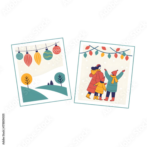 Winter Family Holiday Scene with Ornaments Lights Snow and Christmas Trees Illustration