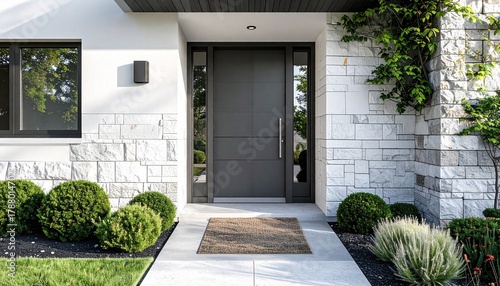 modern house entrance, stone facade, gray front door, topiary trees, black wall lights, manicured landscaping, contemporary architecture, home exterior design, symmetrical landscaping, stylish doorway