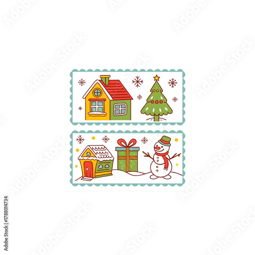Cute Christmas Village Scene with House Tree Snowman and Gifts Illustration