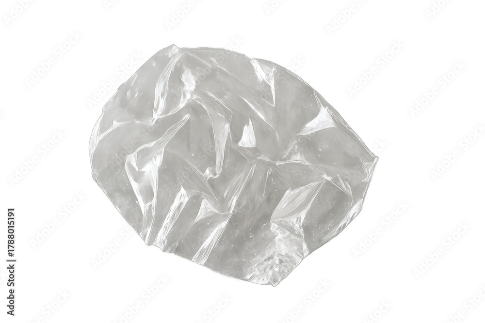 Fototapeta premium Crumpled transparent plastic film showing texture and light reflections, a symbol of waste, pollution, and discarded packaging
