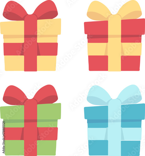 Colorful gift box set vector illustration, flat wrapped present collection