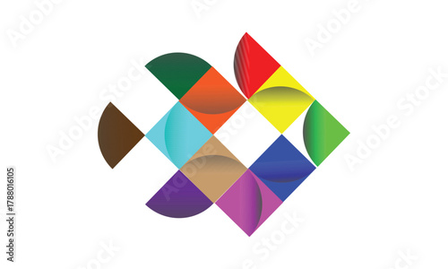 Abstract geometric fish made of colorful squares and semicircles, modern minimalistic digital artwork with bright vivid rainbow tones