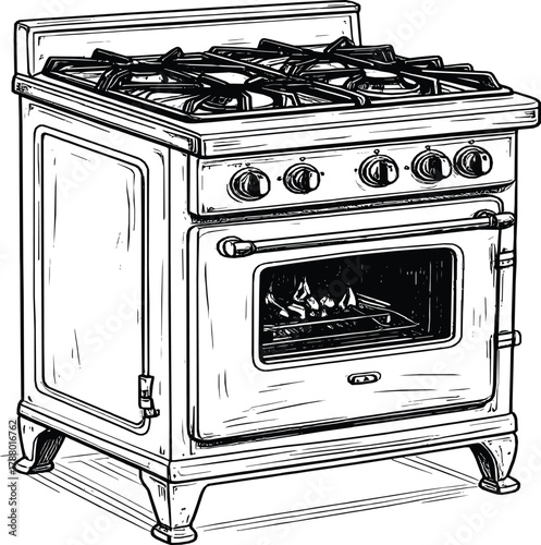 Antique Gas Burner and Oven Line Art