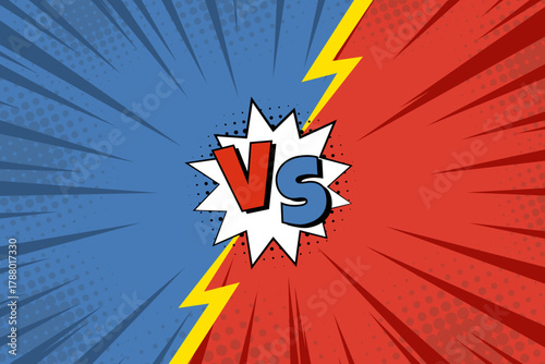 Versus fight background in retro comic style with red and blue split parts, halftone rays, lightning and explosion cloud, perfect for vs game screens, battle posters, tournament banners and dynamic