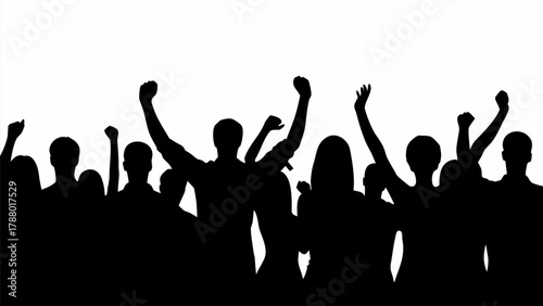 Empowered crowd raises fists in unison, a powerful symbol of unity, protest, and collective action for change and celebration