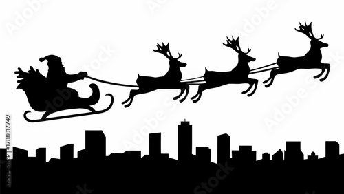 Santa's sleigh with reindeer soaring over a city skyline bringing holiday magic and festive cheer to all.