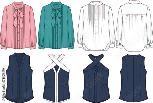 Cartoon fashion illustration, women’s blouses and vests, bow tie tops, pleated shirts, crisscross strap vests, front and back views, vector design, stylish clothing set