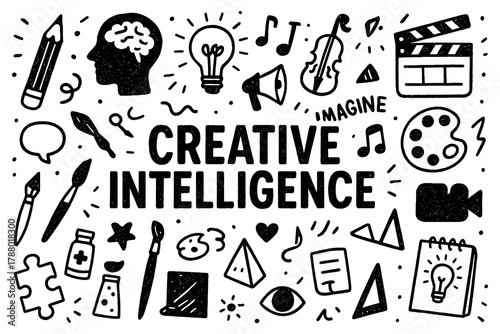 Creative intelligence doodle composition with art, design, and imagination icons, Transparent Background