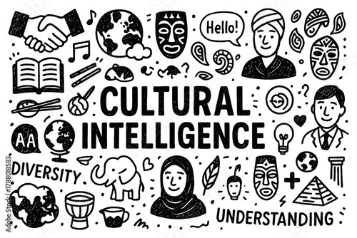 Cultural intelligence doodle composition with global diversity and communication icons, Transparent Background