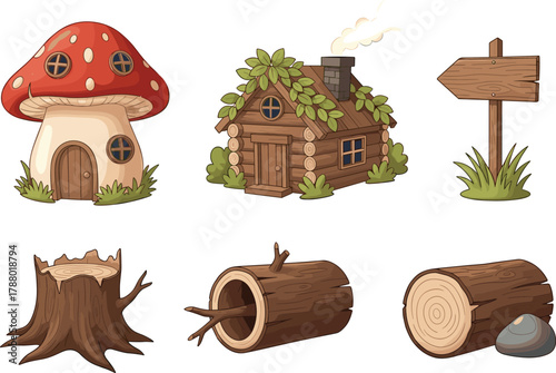 Cartoon forest elements, mushroom house, log cabin, wooden signpost, tree stump, hollow log, cut wood, nature illustration, vector design, whimsical style, flat lay