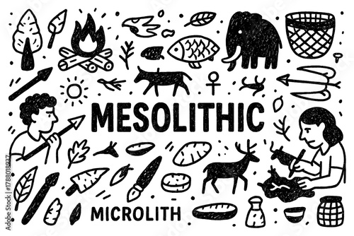 Photos Mesolithic era doodle composition with early humans, animals, and stone tools, T