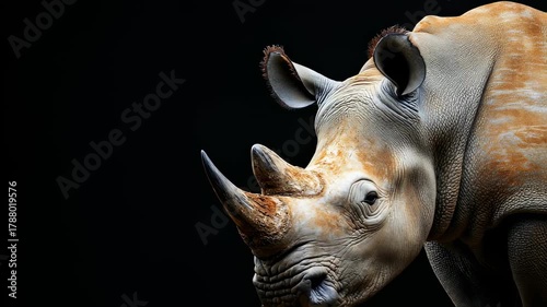 Rhino Portraits: Detailed close-up of a rhinoceros head against a stark black background,