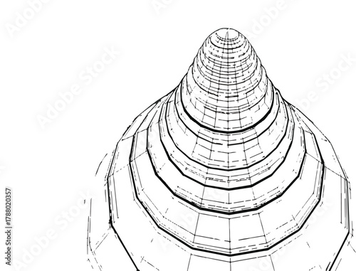 Black and white wireframe illustration of a conical dome shape with layered segments