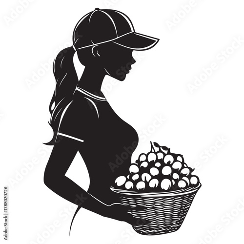 Woman Holding Basket silhouette, Woman holding the fuits basket silhouette, A silhouette of a Woman holding a basket of fresh fruits 