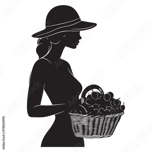 Woman Holding Basket silhouette, Woman holding the fuits basket silhouette, A silhouette of a Woman holding a basket of fresh fruits 