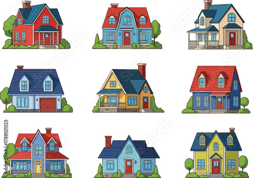 Cartoon house illustration, colorful residential buildings, architectural variety, roof styles, window placement, porches, chimneys, garages, vector design, flat lay, urban planning, playful style