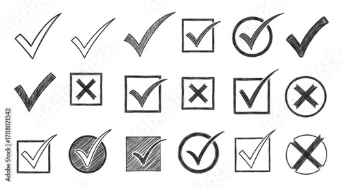 Check and Tick Mark Icon Set — Hand-Drawn Doodle Checklist, Cross, and Circle Symbols