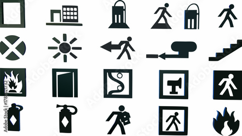 Emergency and safety symbols for buildings provide direction and security in case of fire danger