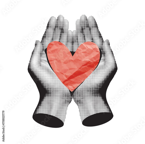 Two hands holding a heart, a trendy vector collage in halftones. Conceptual ideas for blood donation, medicine, heart health, support, and romantic relationships. Valentine's Day element.