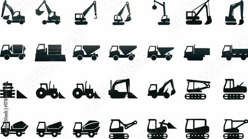 Illustration showing an assortment of construction vehicles including excavators trucks and tractors icons