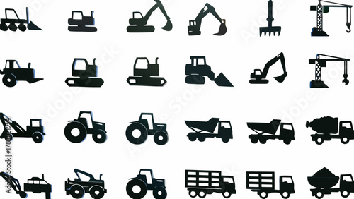 Silhouette illustrations of various construction vehicles and equipment arranged in rows on a white background