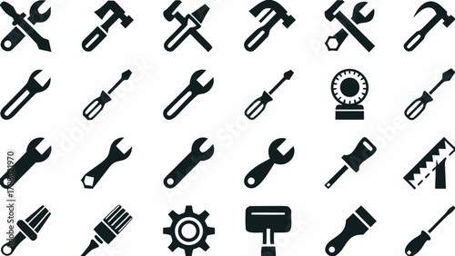 Illustration showing various hand tools including wrenches screwdrivers hammers and paintbrushes isolated