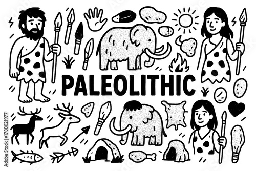 Papier peint Paleolithic era with early humans, hunting, and stone tools in black and white d