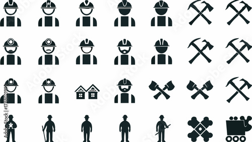 Illustration showing various mining related icons including miners, tools, houses, and coal cart symbols
