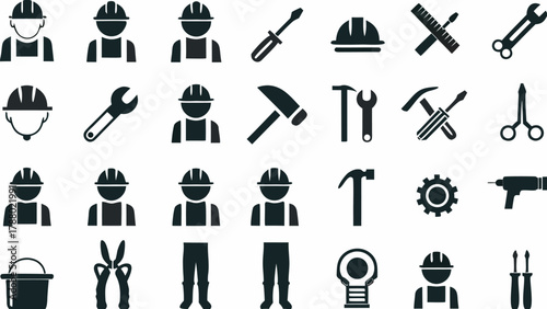 Construction worker icons tools and hardhats for building and repair projects vector graphic asset