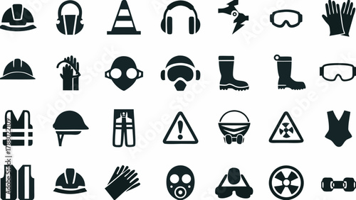 Illustration showing various safety equipment icons including helmets gloves and protective gear for safety at work