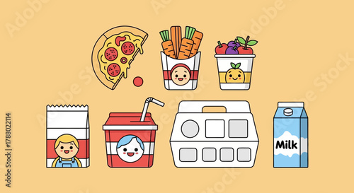 Cartoon illustration of various food and drink items, including pizza, fries, fruit, juice, and milk.