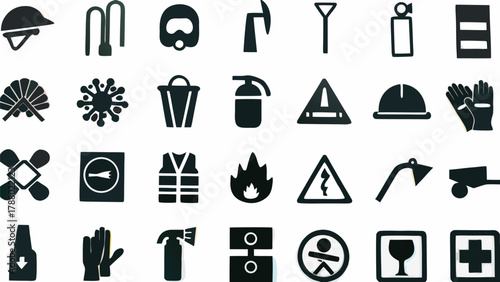 Illustration showing various safety and hazard symbols including protective gear and warning signs present