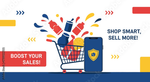 Shopping cart with beverages and a phone with a shield, promoting sales.