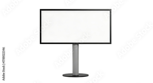 Blank white digital display screen on a stand against a dark background for advertising or information
