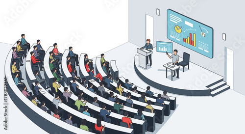 Illustration of a lecture hall with a speaker presenting to an audience.