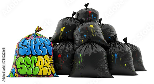 A single colorful graffiti art trash bag stands out amongst a pile of plain black garbage bags against a dark background
