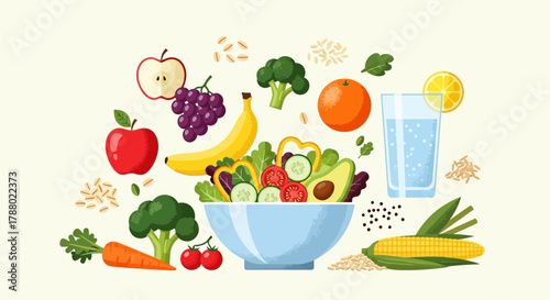 Illustration of a bowl of salad surrounded by various fruits and vegetables, representing a healthy diet.