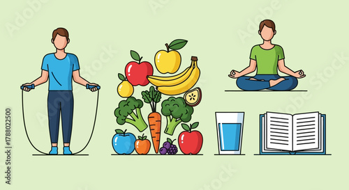 Healthy lifestyle icons: exercise, fruits, meditation, water, and reading.