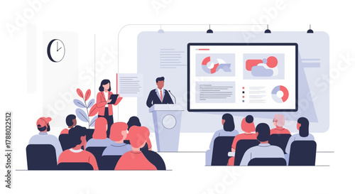 Presentation with speaker, assistant, audience, and screen displaying charts and graphs.