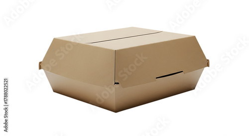 Closed brown cardboard food container with hinged lid and ventilation slots isolated on black background