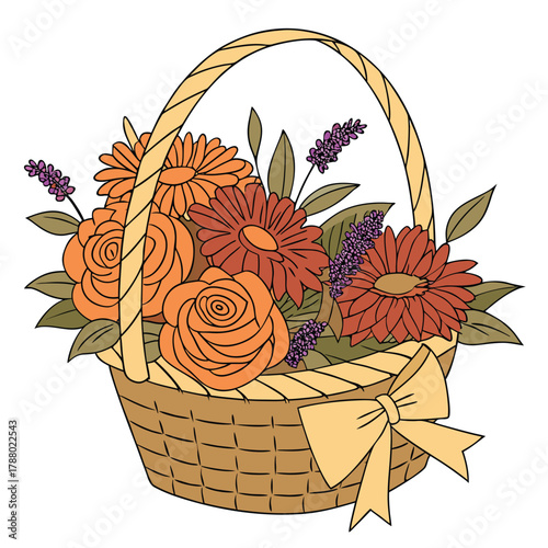 Adobe Illustrator Artwork: A vector illustration of a wicker basket filled with colorful flowers