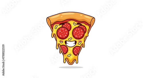 Cartoon pizza slice with pepperoni and a happy face on a white background.