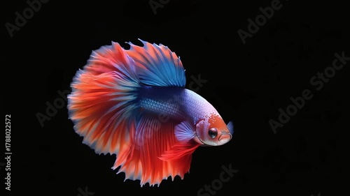 Blue and Red Gradient Betta Fish Swimming Gracefully on Black Background – Realistic Underwater Motion