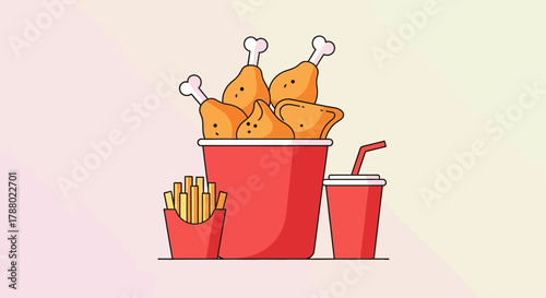Illustration of a bucket of fried chicken, fries, and a drink.