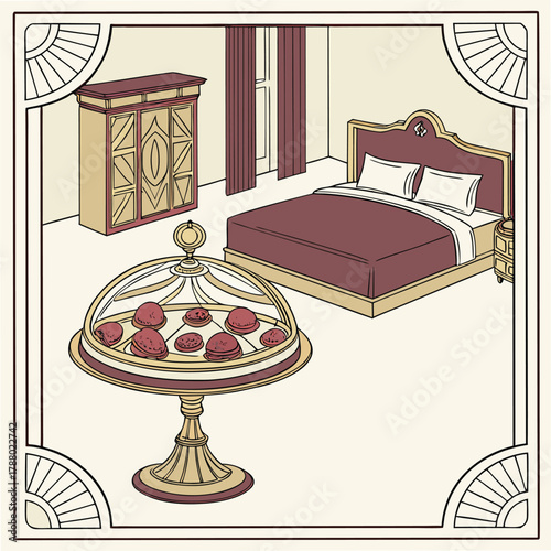 Adobe Illustrator Artwork:  A vector illustration and 3D modeling of a romantic fantasy-style bedroom