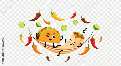 Cartoon taco winking and burrito sleeping in a hammock surrounded by peppers and limes.